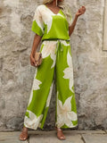 Floral V-Neck Top and Wide Leg Pants Set Lime Bazaare Mart Printed V-Neck Top and Wide Leg Pants Set