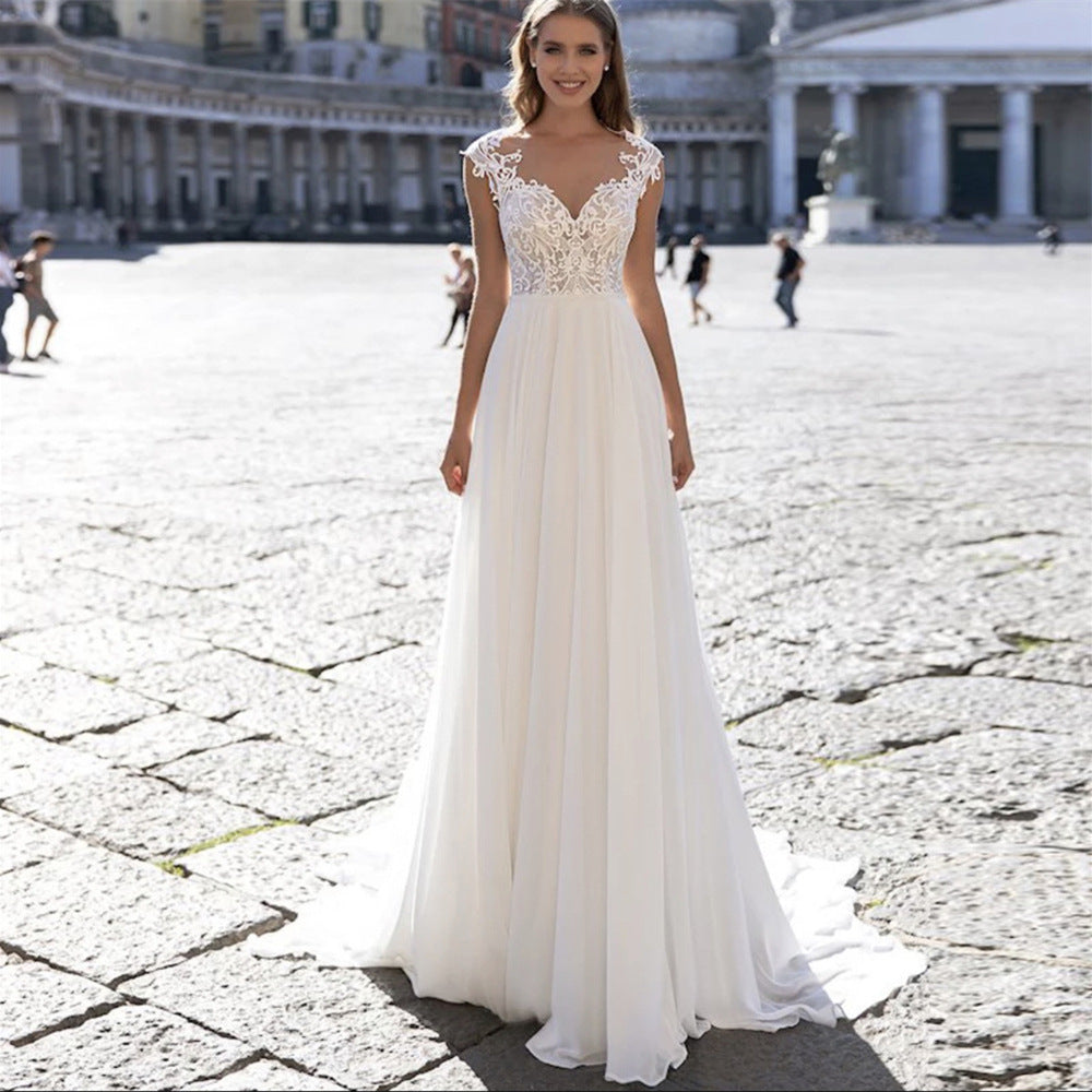 Flowy Full Length V-Neck Chiffon Wedding Gown