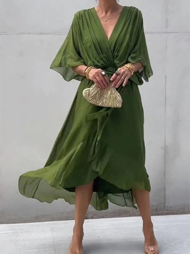 Green V-Neck Flowy Midi Dress with Half Flutter Sleeves