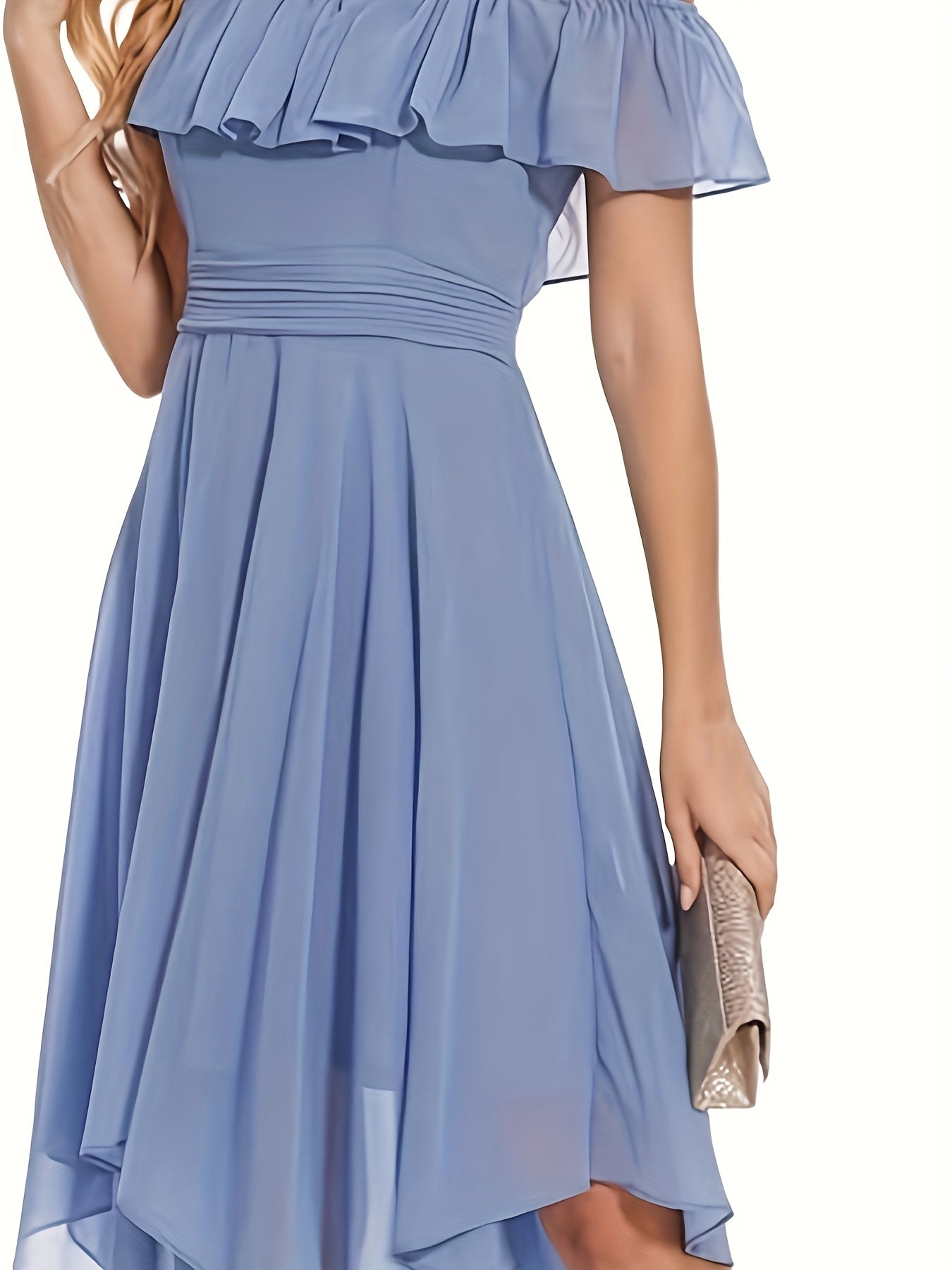Blue Flowy Off-the-Shoulder Bridesmaid Dress 