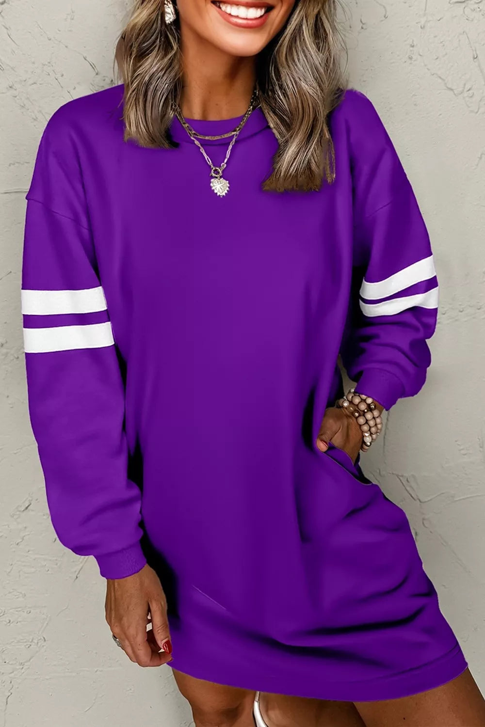 Purple Football Stripe Long Sleeve Sweatshirt Dress