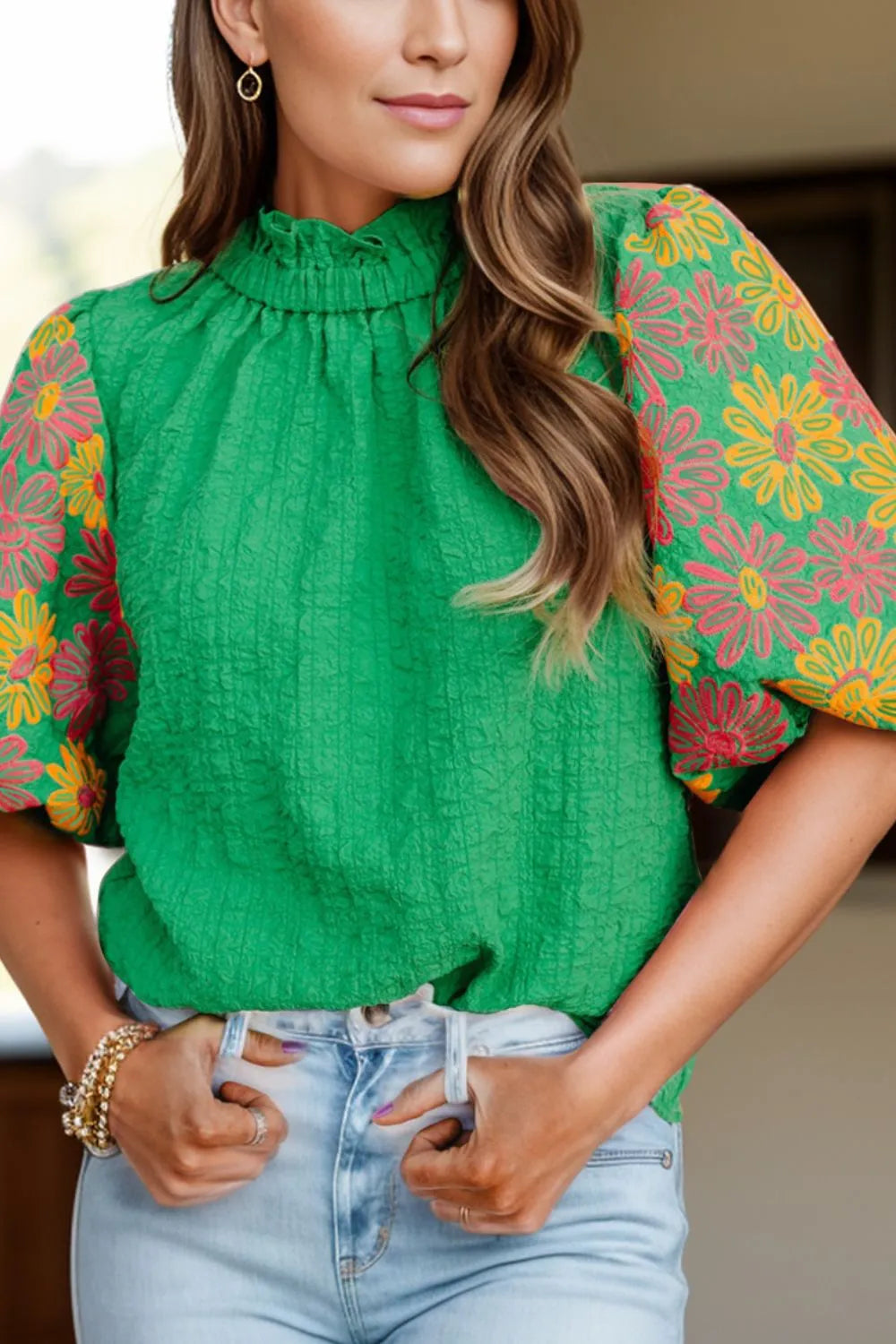 Green Frill Mock Neck Puff Floral Sleeve Blouse