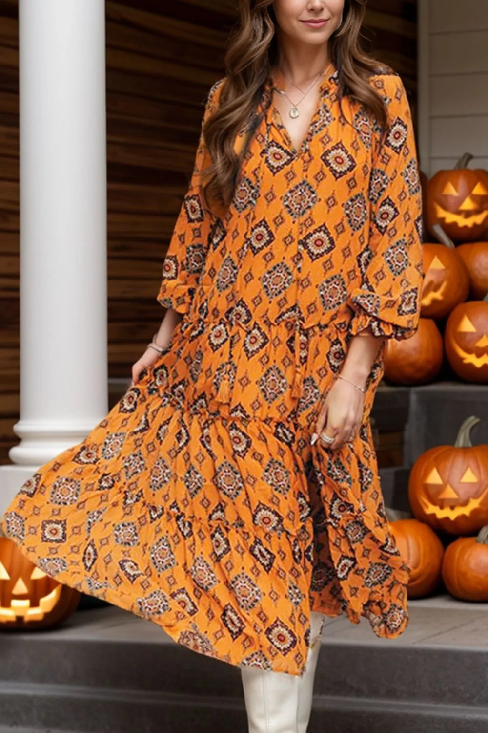 Retro Orange Print Tied V-Neck Long Sleeve Tiered Midi Dress