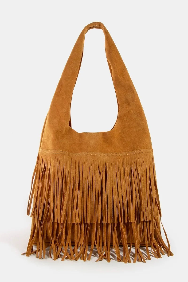 Brown suede handbag with fringe details 