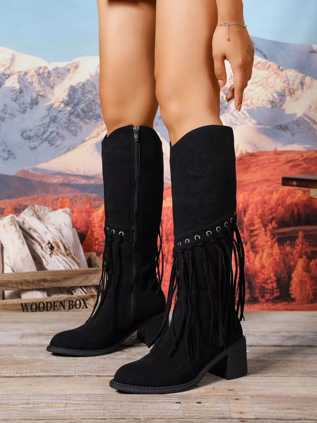 Black Faux Suede Fringe Point Toe Block Heels Boots