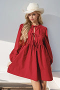 Front Tied Long Puff Bracelet Sleeve Mini Dress Red Bazarre Mart Long Sleeve Tied Rust Dress