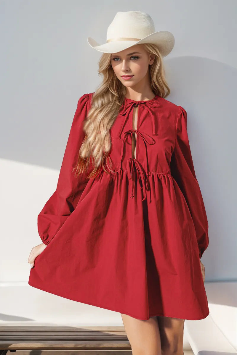 Red Front Tied Long Puff Bracelet Sleeve Mini Dress