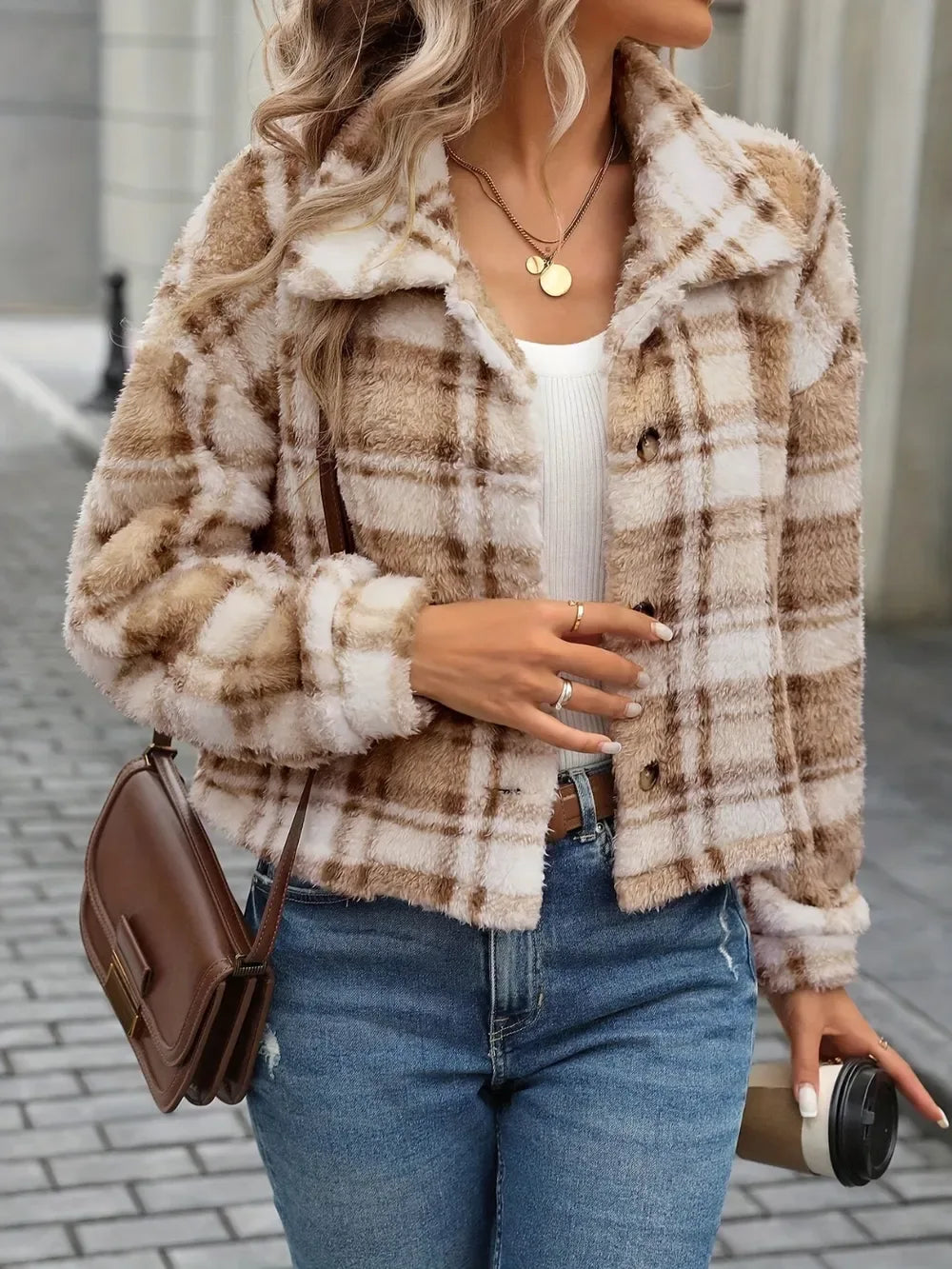 Furry Camel Plaid Button Up Crop Jacket Camel Bazaare Mart Plaid Button Up Collared Neck Long Sleeve Jacket