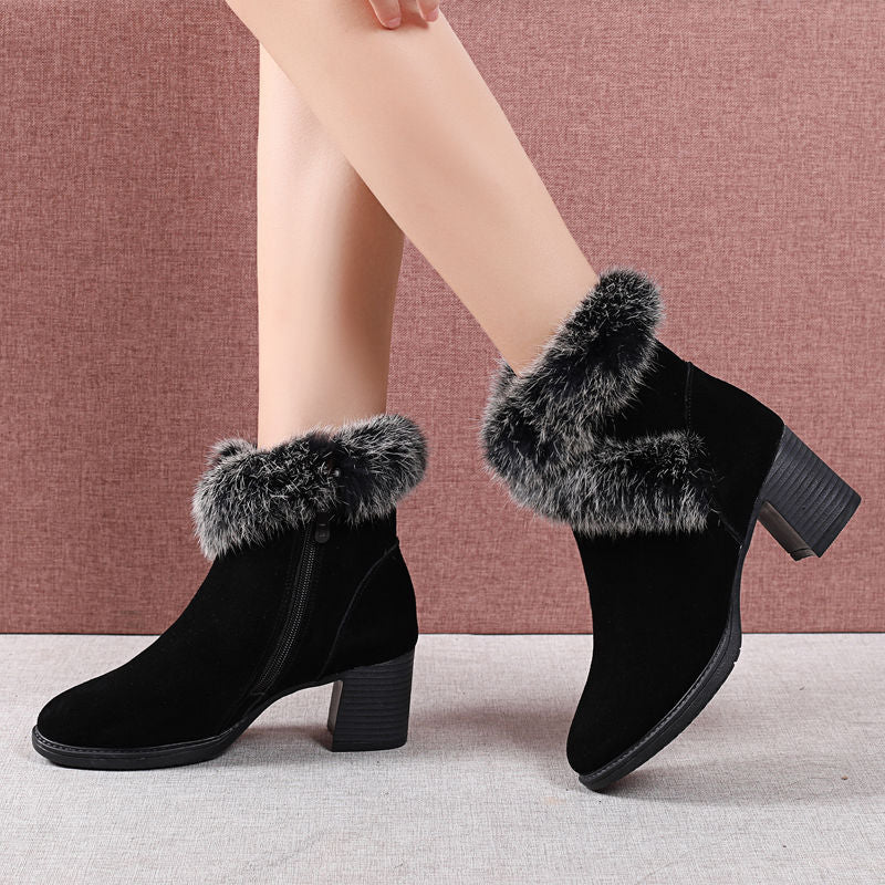 Furry Velvet Block Heel Booties