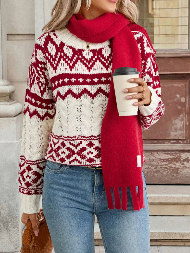 Geo Red and White Cable Knit Round Neck Long Sleeve Sweater