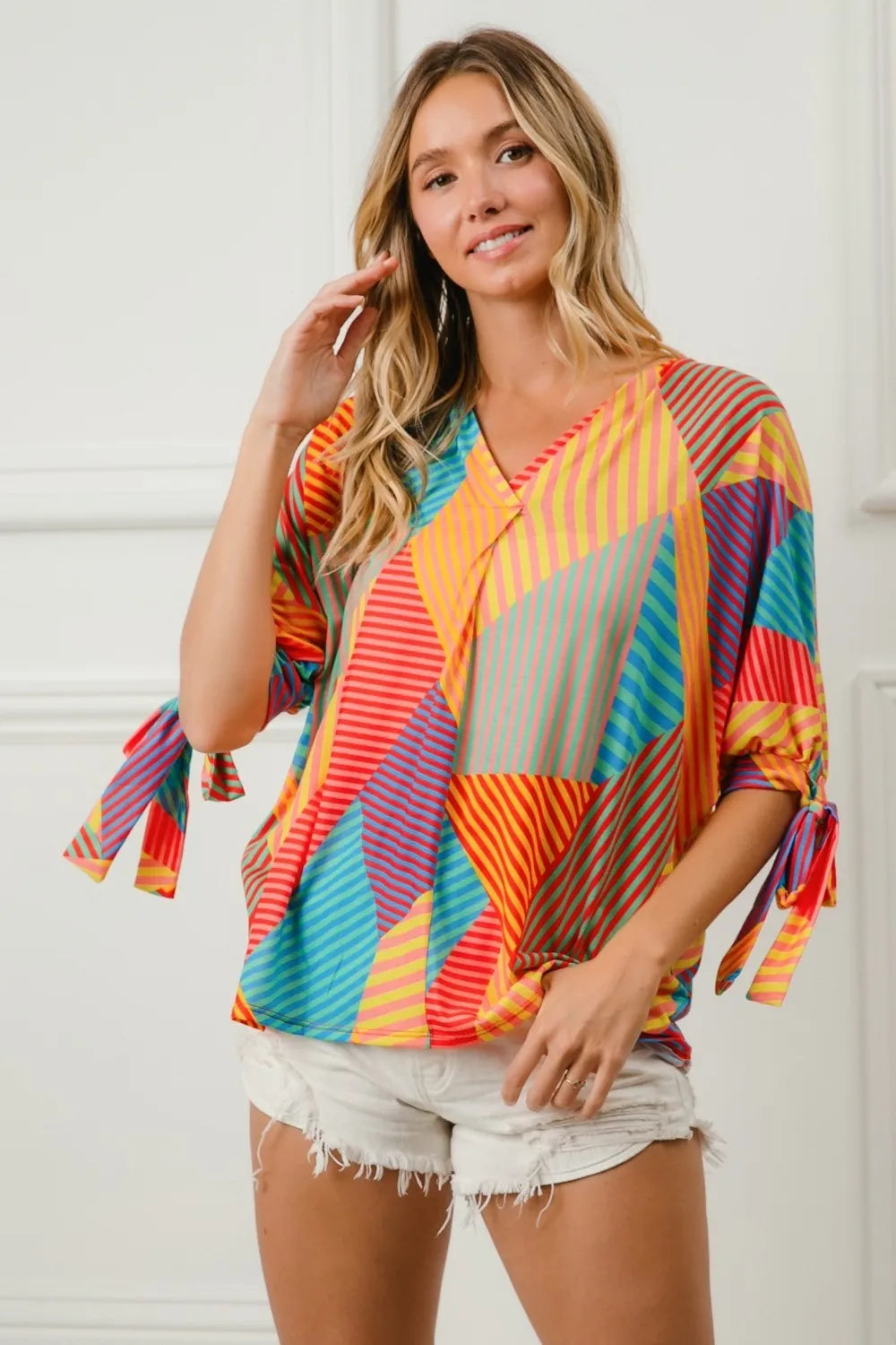 Colorful Geo Striped Jersey Blouse with 3/4 Tied Sleeves