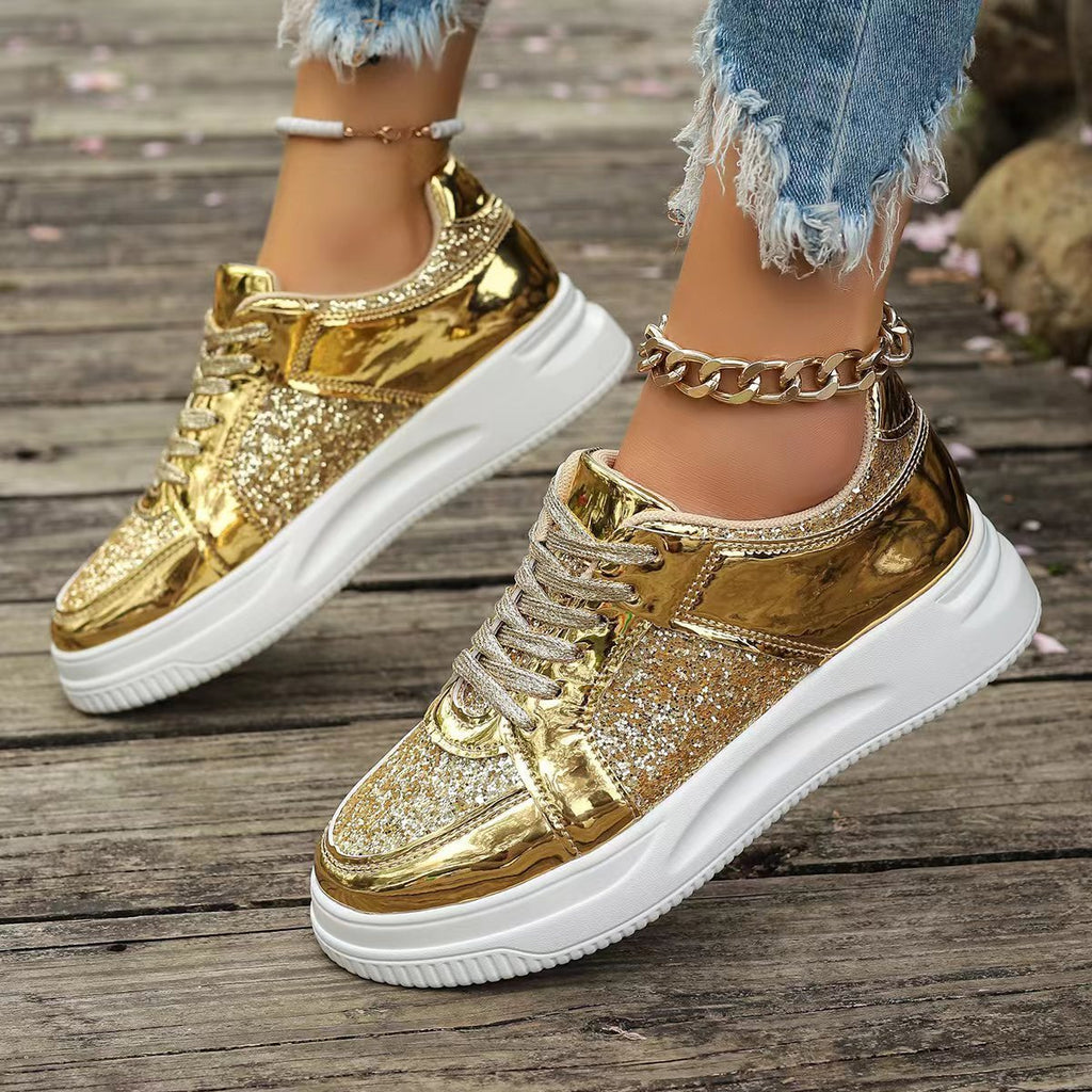 Glittery Gold Thick Bottom Round Toe Sneakers