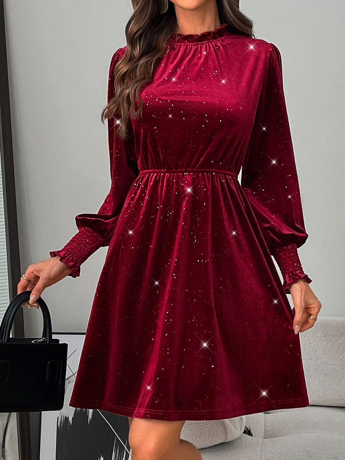 Glittery Velvet Long Sleeve Dress