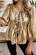 Gold Bow Tie Front Puff 3/4 Sleeve Ruffle Hem Blouse Gold 100%Polyester Bazaare Mart Tops/Blouses & Shirts