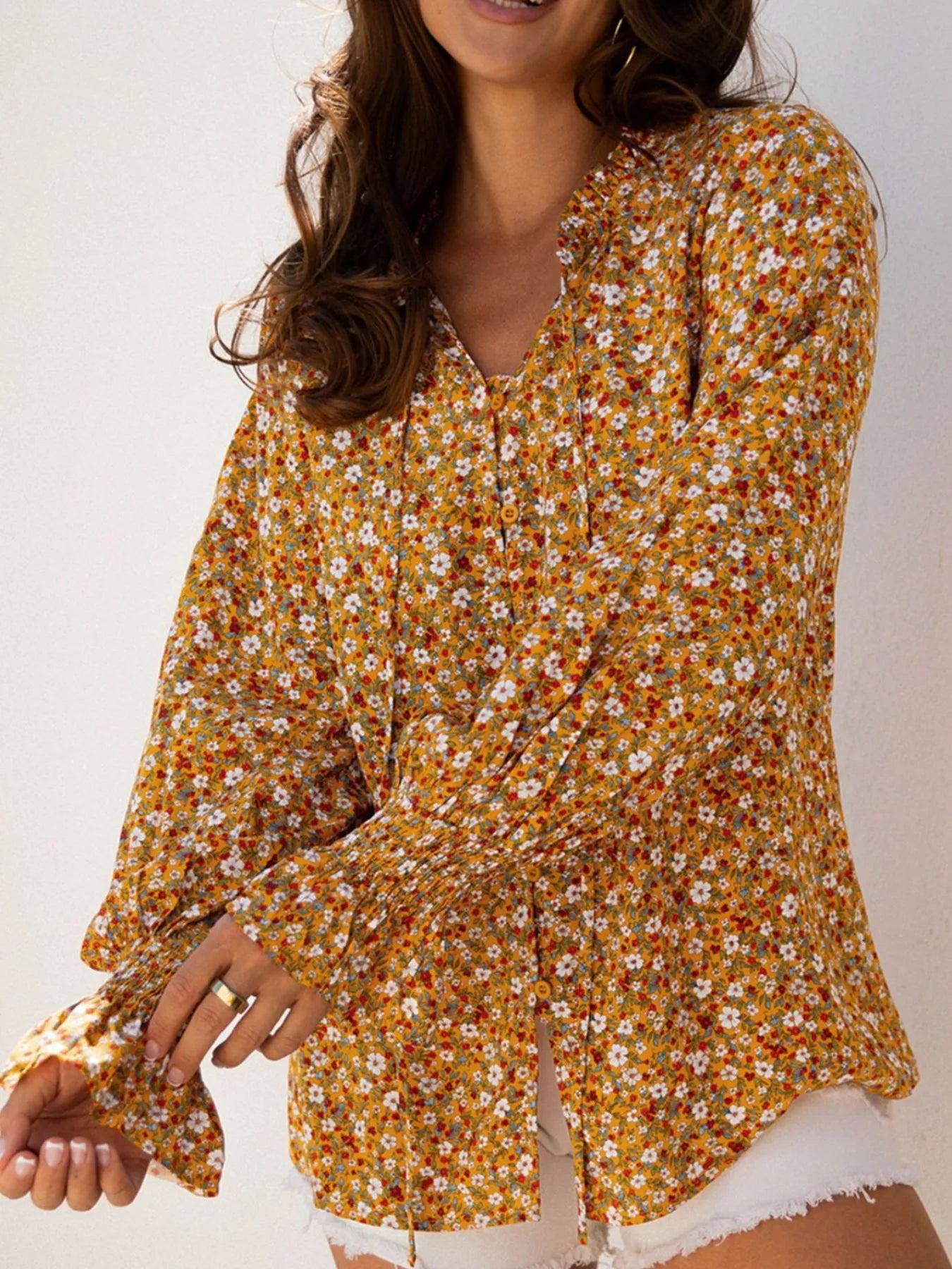 Gold Floral Ruffled Bubble Sleeve Tie Neck Blouse