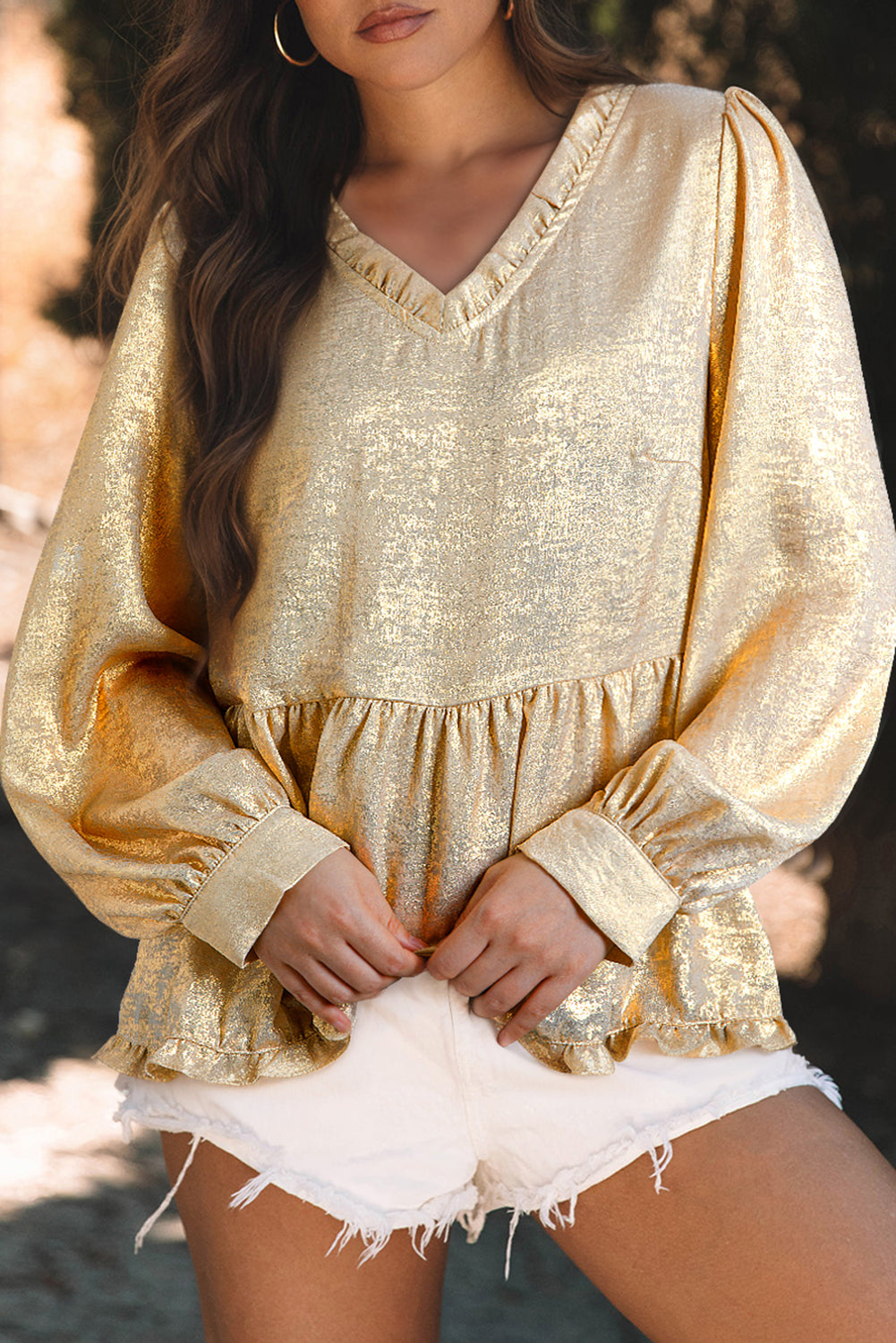 Gold Metallic V Neck Long Puff Sleeve Blouse