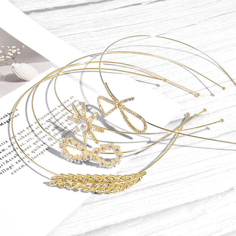 Gold Rhinestone Leaf, Bow and Pearl Flower Headbands