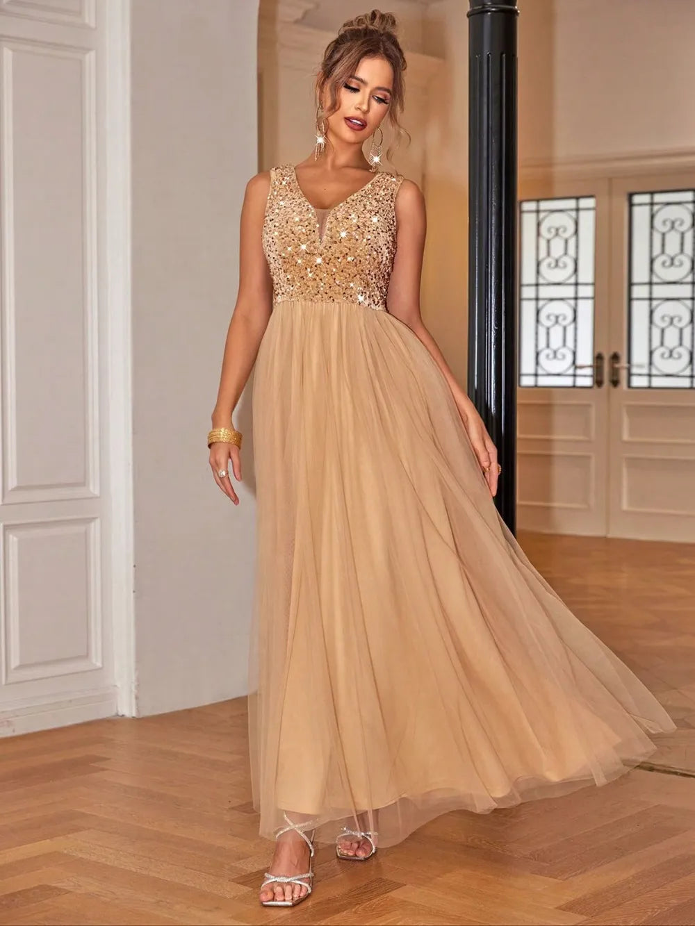 Gold Sequin V-Neck Sleeveless Bodice with Tulle Skirt Evening Gown
