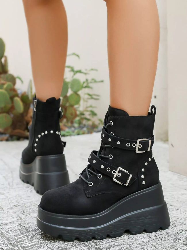 Black Gothic Lace Up Platform Wedge Boots