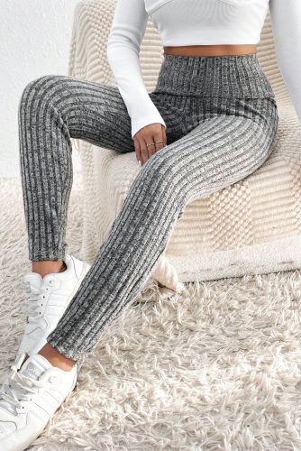 Gray Wide Waistband Ribbed Knit Leggings