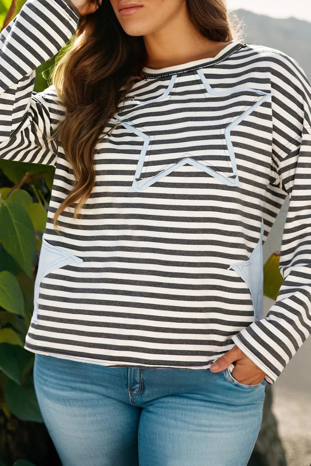 Gray Stripes and Stars Plus Size Long Sleeve Top Gray Stripe 95%Cotton+5%Elastane Bazarre Mart Plus Size/Plus Size Tops/Plus Size Long Sleeve Tops