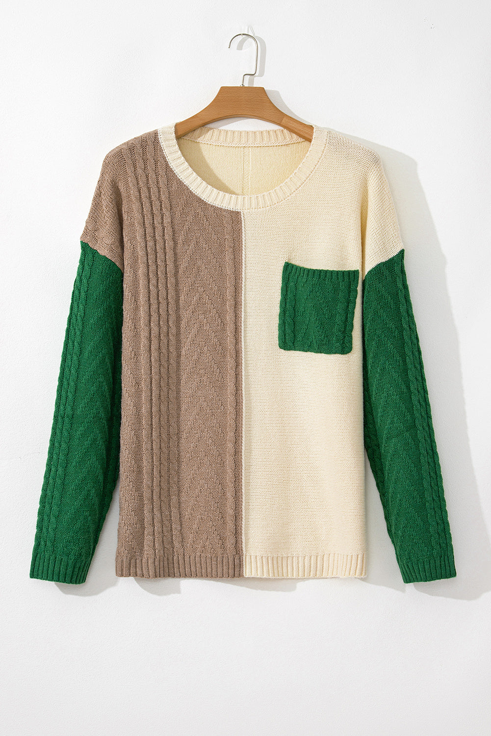 Green Color Block Drop Shoulder Cable Knit Sweater