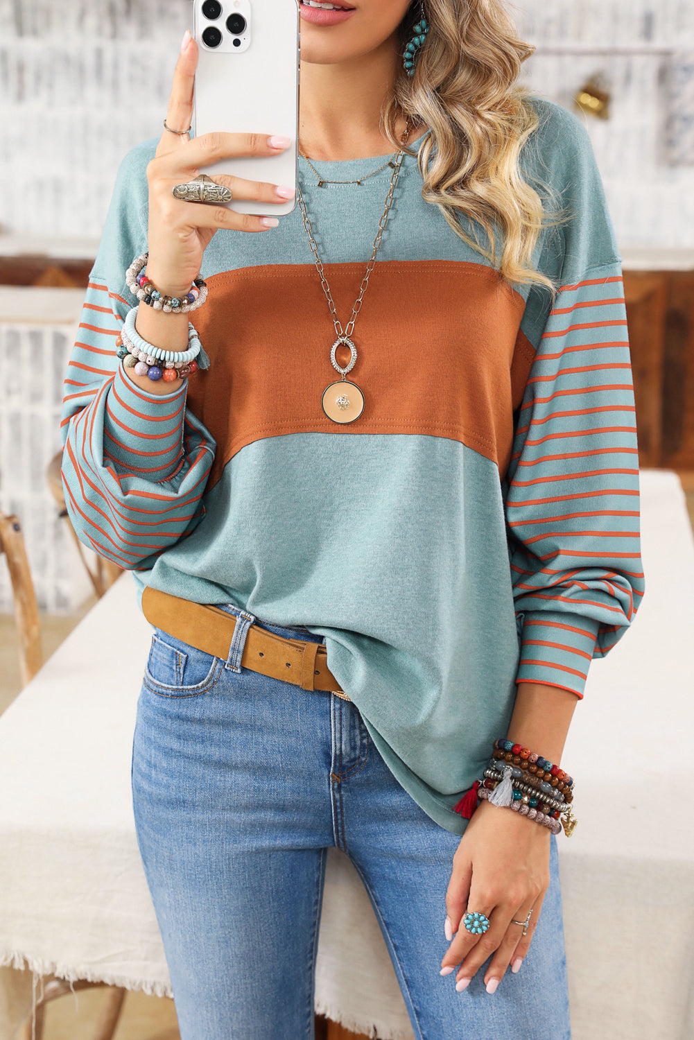 Green and Rust Colorblock Striped Bishop Sleeve Top 