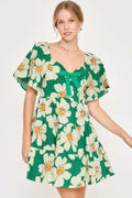 Green Daisy Print Mini Dress with Ribbons Green Bazarre Mart Green Daisey Dress