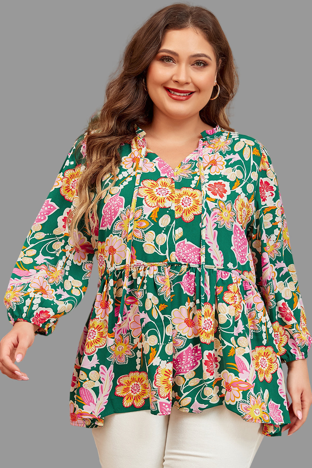 Green Floral Long Sleeve Babydoll Top