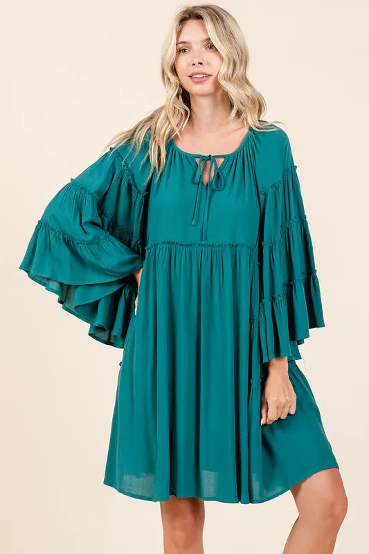 Green Frill Tie Neck Bell Sleeve Dress