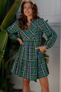 Green Plaid Long Sleeve Mini Dress Green 55%Cotton+45%Viscose Bazaare Mart Dresses/Mini Dresses