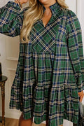 Green Plaid Long Sleeve Tiered Mini Dress Green 55%Cotton+45%Viscose Bazaare Mart Plus Size/Plus Size Dresses/Plus Size Mini Dresses