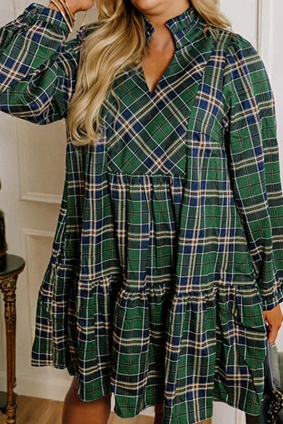 Green Plaid Long Sleeve Tiered Mini Dress Green 55%Cotton+45%Viscose Bazaare Mart Plus Size/Plus Size Dresses/Plus Size Mini Dresses