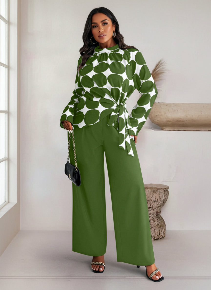 Green Polka Dot Long Sleeve Top & Green Wide Leg Pants Set