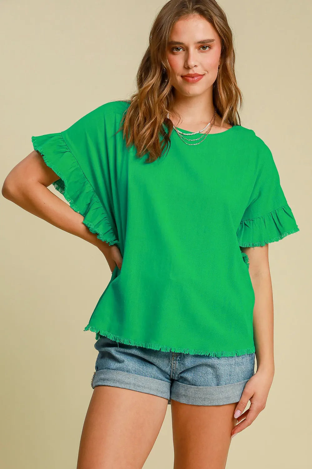 Green Raw Hem Ruffle Short Sleeve Blouse 