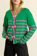 Green Stripe Bow Detail Cardigan Green Stripe 100%Cotton Bazaare Mart Sweaters & Cardigans/Cardigans