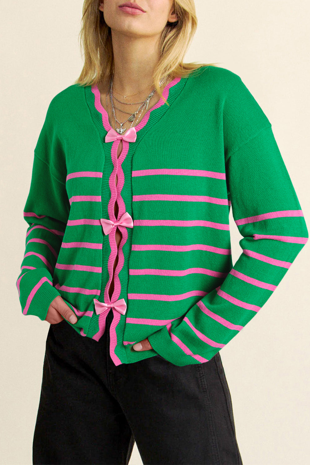 Green Stripe Bow Detail Cardigan