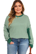 Green Stripe Patchwork Thermal Top Green Stripe 95%Polyester+5%Elastane Bazaare Mart Plus Size/Plus Size Tops/Plus Size Long Sleeve Tops