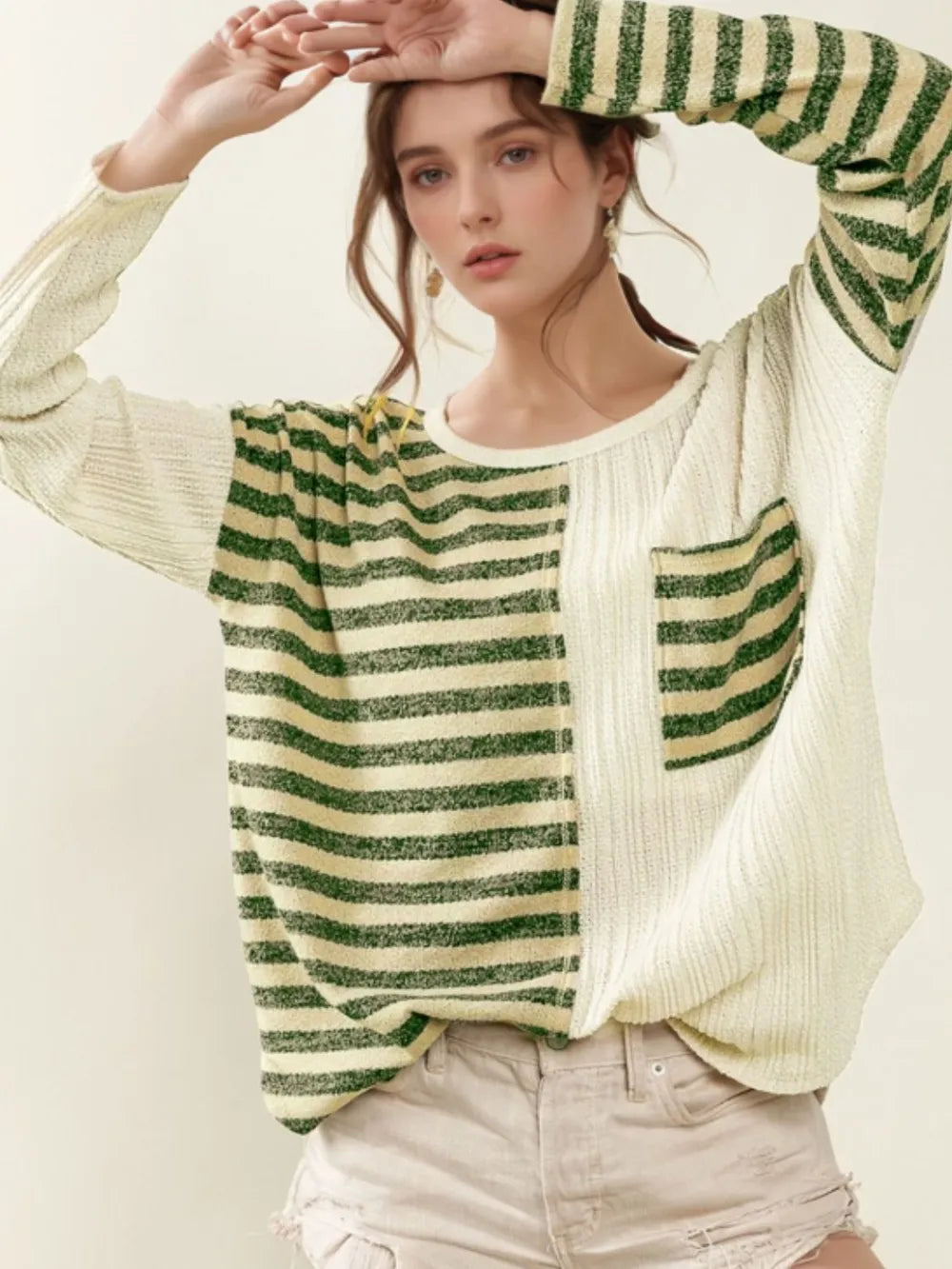 Green Striped Round Neck Long Sleeve Top