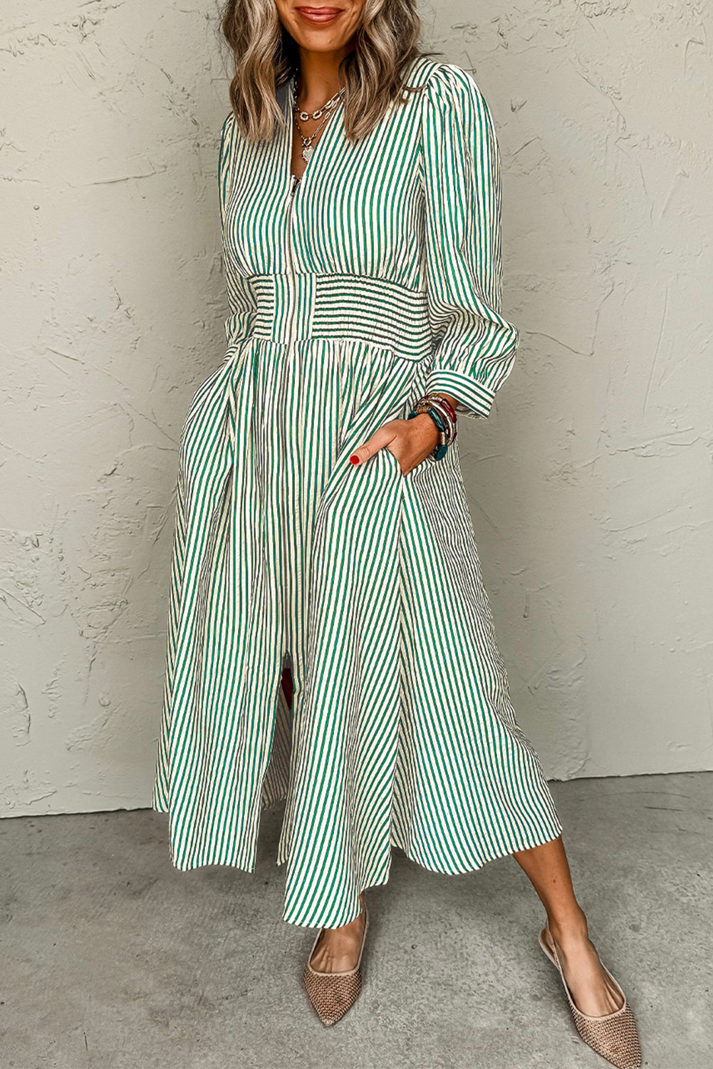 Green Striped V Neck Zip Midi Dress