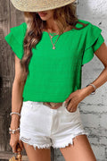Green Textured Ruffled Sleeve Round Neck Top Dark Green 95%Polyester+5%Elastane Bazaare Mart Tops/Blouses & Shirts