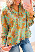 Green Tiger Floral Printed Collared V Neck Casual Shirt Green 100%Polyester Bazaare Mart Tops/Blouses & Shirts