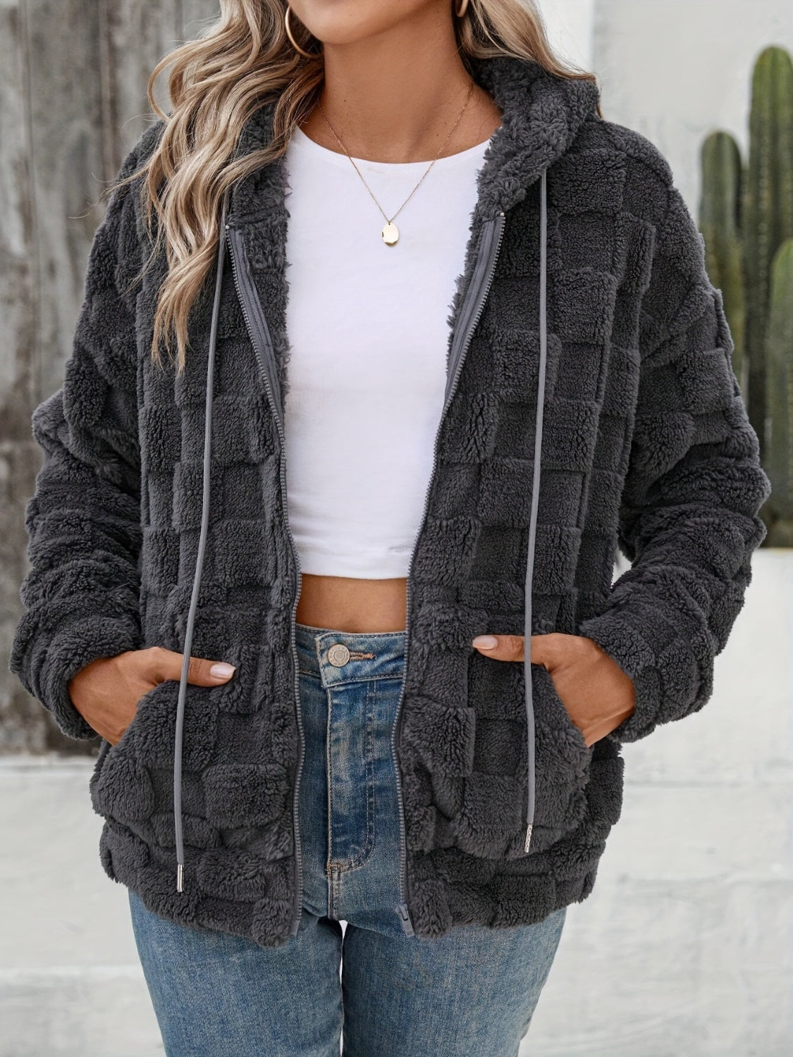 Grey Furry Checkered Hoodie