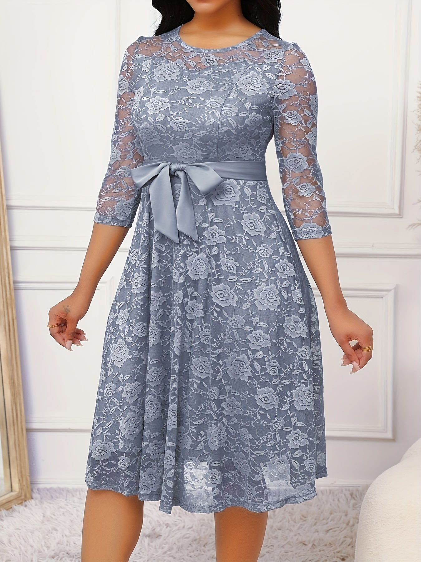 Grey Lace Round Neck Three-quarter Sleeve Dress