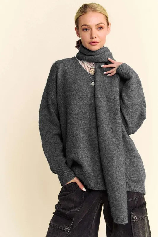 Grey V-Neck Dropped Shoulder Sweater & Scarf Set