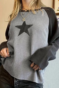 Grey Waffle Knit Colorblock Star Raglan Top High-rise 65%Cotton+35%Polyester Bazaare Mart Tops/Long Sleeve Tops