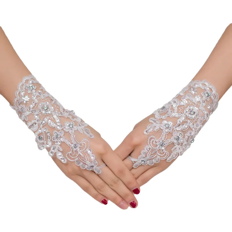 White/Red/Beige Fingerless Lace Bridal Gloves