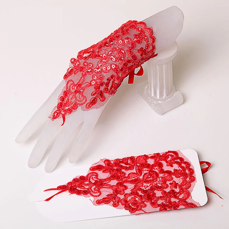 White/Red/Beige Fingerless Lace Bridal Gloves