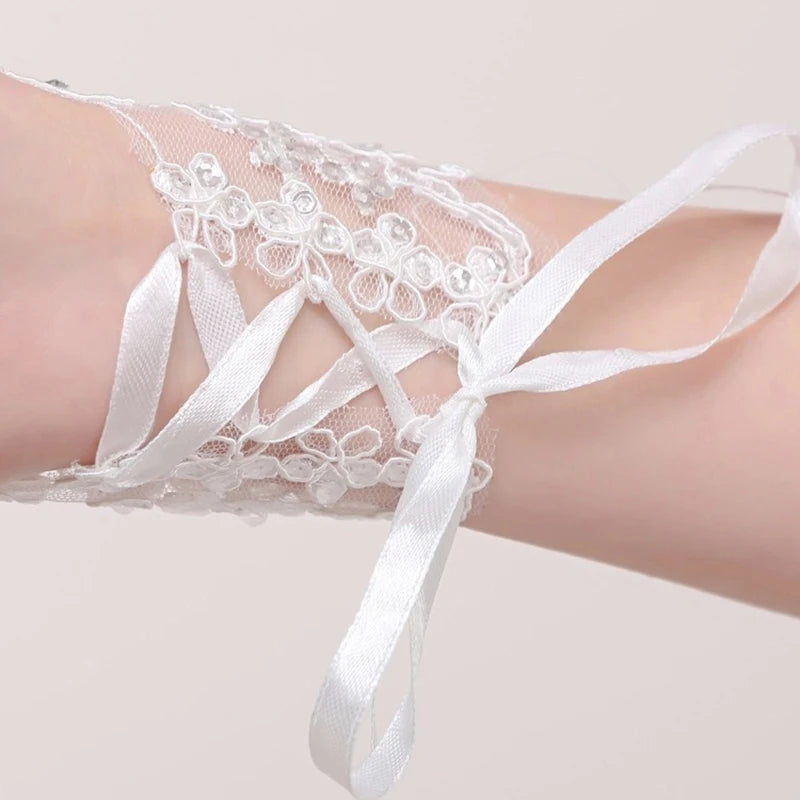White/Red/Beige Fingerless Lace Bridal Gloves