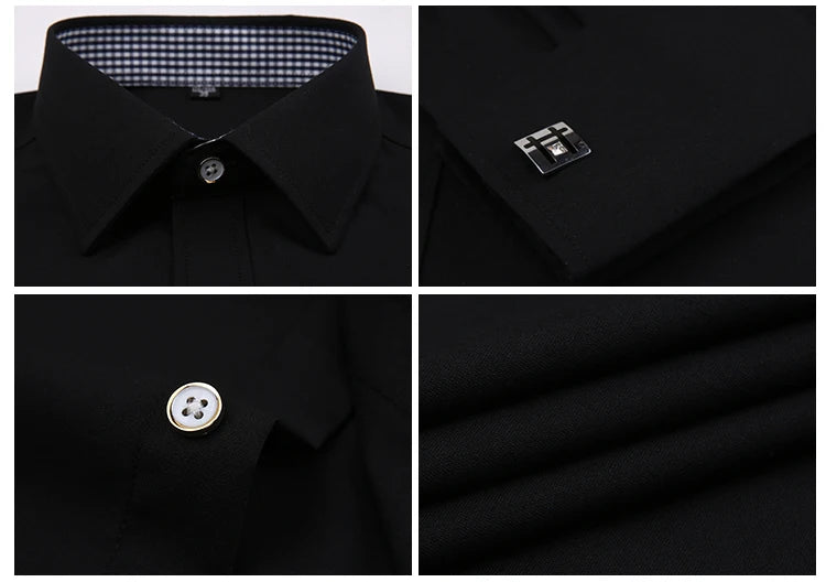 Collage of a black dress shirt with close-up details on buttons and collar.
